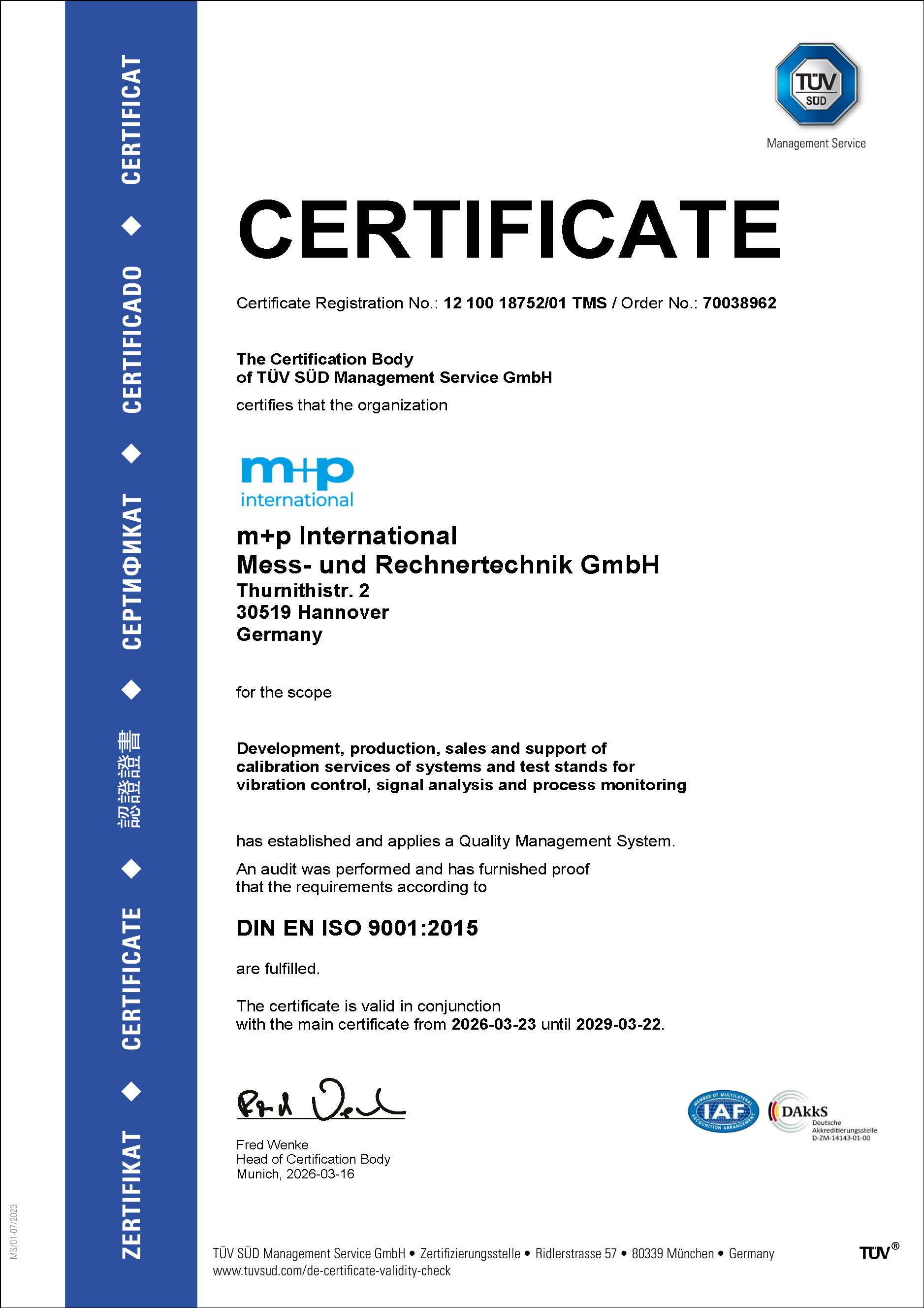 ISO 9001:2015 证书 - m+p international 德国与英国（英文版）