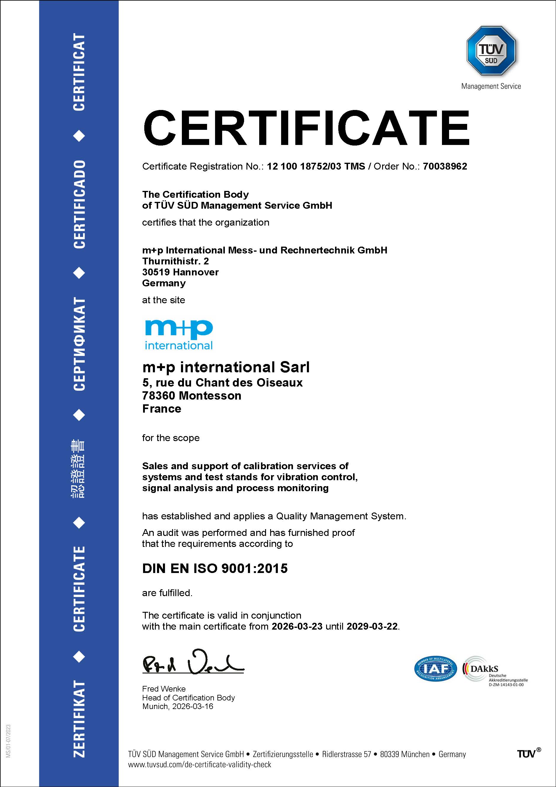 ISO 9001:2015 certificate - m+p international France