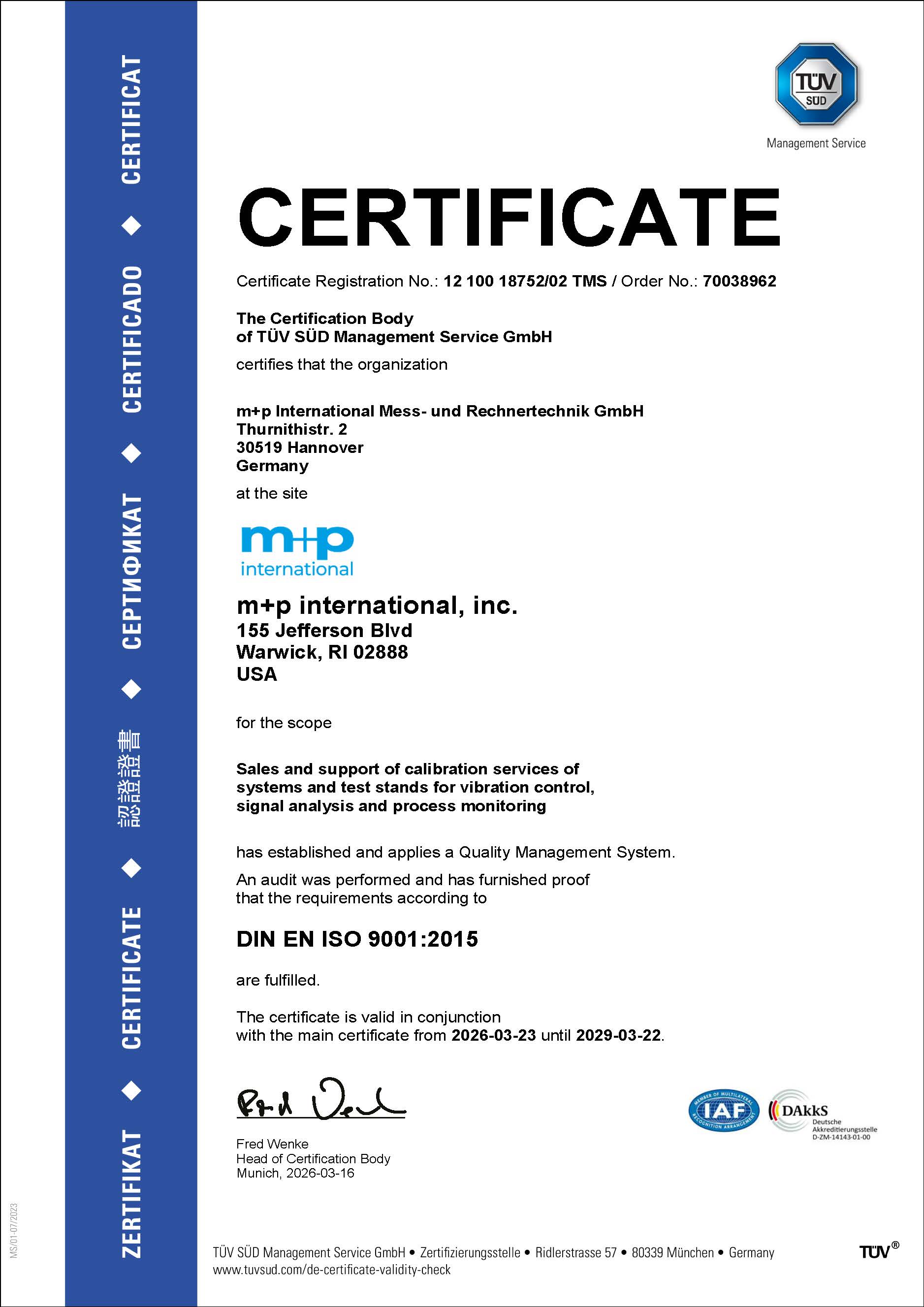 ISO 9001:2015 certificate - m+p international US